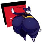  anthro atlus atsuineko bedroom_eyes big_butt black_body blue_eyes bottomwear butt clothing dipstick_tail domestic_cat felid feline felis hi_res huge_butt huge_hips huge_thighs hyper hyper_butt leg_markings looking_at_viewer looking_back male mammal markings megami_tensei megami_tensei_persona morgana_(persona) narrowed_eyes seductive sega shorts smile socks_(marking) solo tail tail_markings thick_thighs wide_hips 