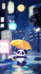  2023 araru bear biped chibi city detailed_background giant_panda mammal moon night outside raining solo umbrella white_body 