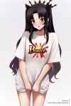  1girl :o black_hair breasts buster_shirt cowboy_shot earrings fate/grand_order fate_(series) gold_earrings highres hoop_earrings ishtar_(fate) jewelry long_hair multiple_views nipples open_mouth print_shirt red_eyes shirt small_breasts solo t-shirt two_side_up very_long_hair white_shirt xkzan 