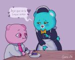  &lt;3 2023 achuchones_(unicorn_wars) anthro bear biped blue_body blush bow_tie clothing dessert dialogue duo food geny_ctm gordi_(unicorn_wars) hi_res maid_uniform mammal necktie pie pink_body shirt spanish_text text topwear unicorn_wars uniform 