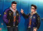  2boys artist_name black_hair black_pants blue_jacket closed_eyes commission david_king_(dead_by_daylight) dead_by_daylight dessa_nya dwight_fairfield food food_in_mouth glasses grey_shirt highres hood hood_down hooded_jacket jacket looking_at_another male_focus multiple_boys one_eye_closed pants purple_jacket shirt short_hair teeth 