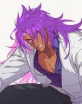 1boy 5_horulu bhima_(fate) collared_shirt colored_inner_hair dark-skinned_male dark_skin fate/grand_order fate_(series) feet_out_of_frame gradient_hair grin head_tilt highres long_hair looking_at_viewer male_focus multicolored_hair muscular muscular_male pectoral_cleavage pectorals pink_hair purple_eyes shirt smile solo suit unfinished white_suit 