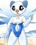  4:5 anthro beach breasts clothing digital_media_(artwork) female fluffolio generation_5_pokemon low_res navel nintendo one-piece_swimsuit oshawott pixel_(artwork) pokemon pokemon_(species) pokemorph seaside solo swimwear 