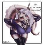  anthro big_breasts big_tail breasts canid canine clothing draculfelis female fur helluva_boss hi_res legwear loona_(helluva_boss) mammal red_sclera solo stockings tail white_body white_fur 