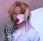  1boy aiphelix blonde_hair collared_shirt edward_elric flower flower_in_mouth fullmetal_alchemist highres long_hair male_focus mechanical_arms mouth_hold petals prosthesis red_flower shirt simple_background single_mechanical_arm white_shirt yellow_eyes 