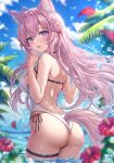  1girl animal_ear_fluff animal_ears antenna_hair ass back bikini black_choker blurry blurry_foreground braid braided_bun breasts chest_belt choker crown_braid fang flower hair_between_eyes hair_bun hakui_koyori hibiscus highres hololive large_breasts light_blush long_hair looking_at_viewer looking_back mirukurim one-piece_swimsuit open_mouth palm_tree pink_hair pink_tail purple_eyes red_flower side-tie_bikini_bottom skin_fang smile solo swimsuit tail thigh_strap thighs tree virtual_youtuber wading white_one-piece_swimsuit wolf_ears wolf_girl wolf_tail 
