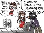  2girls aged_up apron brown_hair cash_register cashier doujima_nanako employee_uniform english_text gimmie20dollas hair_ornament hairclip highres hime_cut imagining long_hair multiple_girls persona persona_4 red_apron sad solo_focus speech_bubble store_clerk thought_bubble uniform 