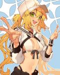  1girl artoria_caster_(fate) artoria_caster_(swimsuit)_(fate) artoria_pendragon_(fate) baseball_cap bikini black_pants blonde_hair breasts cleavage fate/grand_order fate_(series) green_eyes hair_between_eyes hat highres kujiraoka long_hair long_sleeves looking_at_viewer messy_hair midriff navel pants ribbon sideboob sidelocks simple_background small_breasts smile swimsuit twintails v 