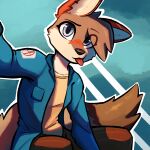  2023 anthro ash_(enginetrap) black_nose blep blue_background brown_body brown_fur canid canine clothed clothing digital_media_(artwork) enginetrap fully_clothed fur hi_res light lighting looking_at_viewer lycalopex mammal sechuran_fox shaded simple_background solo tongue tongue_out 