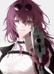  1girl aiming aiming_at_viewer black_jacket blurry breasts chest_harness clenched_teeth collared_shirt depth_of_field eyewear_on_head foreshortening gloves gradient_eyes gun hair_between_eyes harness highres holding holding_gun holding_weapon honkai:_star_rail honkai_(series) jacket kafka_(honkai:_star_rail) long_hair looking_at_viewer medium_breasts messy_hair mskmmti multicolored_eyes no_pupils open_mouth parted_lips purple_eyes purple_gloves purple_hair round_eyewear shirt sidelocks simple_background solo spider_web_print sunglasses teeth upper_body weapon white_background white_shirt 