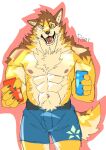  abs anthro barrel_(live_a_hero) brown_body brown_fur canid canine canis canned_drink chest_tuft clothing fur hi_res lifewonders live_a_hero male mammal muscular muscular_anthro muscular_male nipples pecs roarwolf shirtless solo tuft underwear wolf 