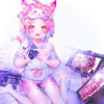  1girl animal_ears bare_legs bare_shoulders bow cat_ears character_request controller copyright_name copyright_request game_controller hair_bow happy looking_at_viewer medium_hair multiple_hair_bows non-web_source paw_print pink_eyes pink_hair pink_shorts shirt shorts sleep_mask smile solo source_request tail white_shirt 