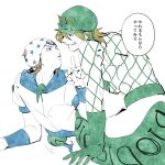  2boys argyle argyle_sweater blonde_hair blue_eyes blue_lips diego_brando dinosaur_boy dinosaur_tail glasgow_smile gloves grabbing_another&#039;s_hand hat horseshoe johnny_joestar jojo_no_kimyou_na_bouken male_focus middle_finger morikiri multiple_boys partially_colored star_(symbol) star_print steel_ball_run sweater tail translated turtleneck 