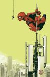  1boy bug building chris_bachalo cityscape highres holding holding_pole marvel mask on_top_of_pole pole sky skyscraper solo spider spider-man yellow_sky 