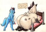  animal_genitalia anthro balls bed big_breasts big_butt blue_body blue_fur bovid breasts butt butt_slap canid canine canis caprine chubby_female duo female fur furansco furniture genitals hi_res huge_breasts larger_female male male/female mammal penis sheath sheep size_difference slap slap_mark wolf wolzard_sternheld wool_(fur) yan_(sheep) 