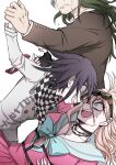  1girl 2boys antenna_hair arm_around_waist black_hair blonde_hair bow bowtie breasts brown_jacket buttons cellphone checkered_clothes checkered_scarf cleavage crazy_grin danganronpa_(series) danganronpa_v3:_killing_harmony double-breasted eye_contact flip_phone goggles goggles_on_head gokuhara_gonta green_bow green_bowtie green_hair grey_jacket grin hair_between_eyes head_out_of_frame highres holding_hands iruma_miu jacket large_breasts long_hair looking_at_another multiple_boys o-ring oma_kokichi phone pink_shirt pink_skirt pleated_skirt sailor_collar scarf shachoo_(poco_poco) shirt simple_background skirt smile tears teeth white_background white_sailor_collar 