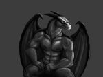  anthro dragon gigachad hi_res male markings meme mercrantos_(character) monochrome muscular nipples purple-blep reaction_image simple_background sitting solo wings 