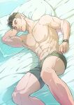  1boy abs artist_name bara bed black_hair black_male_underwear boxer_briefs closed_eyes closed_mouth craig_cahn dream_daddy:_a_dad_dating_simulator evinist highres large_pectorals lying male_focus male_underwear mature_male muscular muscular_male navel nipples on_bed on_side pectorals pillow short_hair sidecut sleeping solo thick_thighs thighs underwear watch wristwatch 
