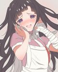  1girl :3 :d absurdres apron aroused bandaged_arm bandages black_hair blunt_bangs blunt_ends blush commentary_request danganronpa_(series) danganronpa_2:_goodbye_despair eyelashes floating_hair furrowed_brow grey_background hands_on_own_cheeks hands_on_own_face hands_up head_tilt highres long_hair looking_at_viewer mole mole_under_eye nose_blush nurse open_mouth pink_shirt purple_eyes shirt short_sleeves simple_background smile solo straight_hair taku_hanamiyap teeth tsumiki_mikan upper_body upper_teeth_only very_long_hair white_apron 