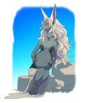  3_eyes ais05 anthro belly big_belly breasts clothed clothing digital_media_(artwork) female fur grey_body grey_fur hair hi_res jewelry long_ears long_hair looking_away mineru multi_eye narrowed_eyes nintendo pregnant pregnant_female signature simple_background smile solo tears_of_the_kingdom the_legend_of_zelda white_hair zonai 