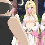  1boy 3girls bare_shoulders blonde_hair breasts bridal_gauntlets commentary_request crescent_moon dancer delores_(mvv) detached_sleeves diadem harem_outfit highres large_breasts long_bangs long_hair moon mouth_veil multiple_girls mvv navel night original plant sidelocks veil 