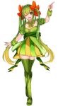  1girl ;d bellossom black_eyes blonde_hair breasts cleavage dress fingernails flower full_body green_dress green_hair green_nails green_sash green_thighhighs hair_flower hair_ornament hair_rings katagiri_hachigou long_hair lower_teeth_only nail_polish one_eye_closed personification pokemon puffy_short_sleeves puffy_sleeves red_flower sash short_sleeves simple_background small_breasts smile solo teeth thighhighs twintails twitter_username two-tone_dress very_long_hair white_background yellow_dress zettai_ryouiki 