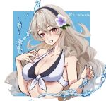  1girl bare_shoulders bikini black_hairband blush breasts cleavage commentary_request corrin_(female)_(fire_emblem) corrin_(fire_emblem) fire_emblem fire_emblem_fates flower grey_hair grin hair_flower hair_ornament hairband hands_up karashino long_hair looking_at_viewer medium_breasts nail_polish purple_flower purple_nails red_eyes smile solo stomach swimsuit upper_body very_long_hair white_bikini 
