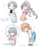  4girls blonde_hair blue_hair blush chibi closed_umbrella crossed_bangs denim denim_skirt dress gotland_(kancolle) grey_hair hair_between_eyes hair_ribbon highres holding holding_umbrella kantai_collection kiyoshimo_(kancolle) leaning_forward long_hair multicolored_hair multiple_girls off_shoulder open_clothes poipoi_purin puddle ribbon short_hair simple_background skirt squatting standing tamanami_(kancolle) tuscaloosa_(kancolle) twintails umbrella very_long_hair white_background 