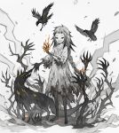  1girl absurdres animal bird black_eyes black_skin braid braided_ponytail branch claws colored_skin colored_tips crow dress empty_eyes english_commentary fire flaming_hand fox full_body grey_dress grey_hair grey_skin grin hands_up highres long_hair long_sleeves looking_at_viewer multicolored_hair multicolored_skin napal_(ve_xillum) original sidelocks smile smoke solo standing torn_clothes torn_dress very_long_hair white_background 