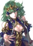  1girl bare_shoulders blue_dress braid breasts byleth_(female)_(fire_emblem) byleth_(fire_emblem) cleavage closed_mouth commentary_request cosplay detached_sleeves dress fire_emblem fire_emblem:_three_houses green_eyes green_hair highres large_breasts long_sleeves looking_at_viewer medium_hair official_alternate_costume red_ribbon ribbon ribbon_braid ruminasu_sora simple_background solo sothis_(fire_emblem) sothis_(fire_emblem)_(cosplay) tiara twin_braids upper_body white_background white_ribbon 