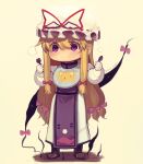  1girl :| bib blonde_hair boa_(brianoa) bow closed_mouth fork gap_(touhou) hair_between_eyes hair_ribbon hat hat_ribbon highres holding holding_fork holding_spoon long_hair mob_cap purple_bow purple_eyes red_ribbon ribbon sidelocks simple_background solo spoon spork standing touhou tress_ribbon v-shaped_eyebrows very_long_hair white_background wooden_floor yakumo_yukari 