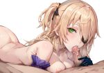  1boy 1girl ass bare_shoulders blonde_hair blush breasts censored cleavage collarbone cum cum_in_mouth erection eyepatch fellatio fischl_(genshin_impact) genshin_impact gloves green_eyes hair_over_one_eye hair_ribbon hetero highres licking licking_penis long_hair looking_at_viewer male_pubic_hair medium_breasts mosaic_censoring nipples nude open_mouth oral penis pubic_hair ribbon solo_focus suujiniku sweat two_side_up white_background 