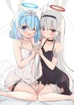  2girls :d :o absurdres arona_(blue_archive) black_chemise black_choker black_eyes black_hairband blue_archive blue_eyes blue_hair blue_halo blue_pupils blunt_bangs blush bow_hairband braid chemise choker collarbone commentary frilled_chemise hair_over_one_eye hair_ribbon hairband halo halterneck highres holding_hands interlocked_fingers kirin_(kirin1023) long_hair looking_at_viewer mismatched_pupils multiple_girls one_eye_closed open_mouth parted_bangs parted_lips plana_(blue_archive) red_halo red_pupils ribbon short_hair side_braid single_braid sitting smile thigh_strap very_long_hair wariza white_chemise white_choker white_hair white_hairband white_ribbon 