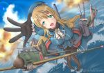 4girls absurdres aircraft airplane atago_(kancolle) black_gloves black_pantyhose blonde_hair breasts cannon d4y_suisei full_body gloves green_eyes hat highres kantai_collection large_breasts long_hair machinery military_uniform mini_person minigirl multiple_girls pantyhose pleated_skirt shikabiscuit skirt sui_(echocalypse) uniform very_long_hair 