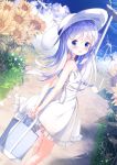  1girl artist_name bag blue_eyes blue_hair blush chinomaron day dress fingernails flower gochuumon_wa_usagi_desu_ka? hair_between_eyes hair_ornament hat highres holding holding_bag kafuu_chino light_blue_hair long_hair open_mouth outdoors signature smile solo sun_hat sundress sunflower twitter_username white_dress white_headwear wind_turbine x_hair_ornament yellow_flower 