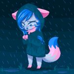  2015 anthro bani_(ezpups) blue_hair clothing coat digital_media_(artwork) domestic_cat ears_down ezpups felid feline felis female fluffy fluffy_tail hair leg_markings low_res mammal markings pivoted_ears pixel_(artwork) raincoat raining socks_(marking) solo tail thumbnail topwear 