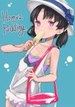  1girl alternate_costume artist_name black_hair blue_background camisole casual cowboy_shot food highres kantai_collection popsicle puddinghomhom purple_eyes purple_shorts short_hair shorts shounan_(kancolle) solo twintails white_camisole white_headwear 