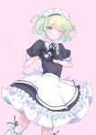  1boy :t absurdres alternate_costume alternate_hairstyle ankle_socks apron black_dress black_gloves black_ribbon crossdressing dress frills gloves green_hair heart heart_hands highres light_blush lio_fotia maid maid_headdress male_focus one_eye_closed otoko_no_ko pink_background promare puffy_short_sleeves puffy_sleeves purple_eyes ribbon short_hair short_sleeves simple_background socks solo standing two_side_up umeshiso waist_apron white_apron white_socks 