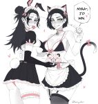  2girls alternate_costume animal_ears bell bikini black_garter_straps black_hair black_thighhighs blush brain breast_press breasts cat_ears cat_tail condom condom_in_mouth condom_packet_strip condom_wrapper embarrassed english_text enmaided eyeshadow fake_animal_ears fake_tail frilled_hairband frills from_side garter_straps grin hairband harayukem heart highres itadori_kaori jujutsu_kaisen kenjaku large_breasts long_hair looking_at_viewer maid maid_bikini maid_headdress makeup meme mouth_hold multiple_girls neck_bell pulling ribbon scar scar_on_face scar_on_forehead short_hair smile swimsuit tail tail_ornament tail_ribbon talking thigh_strap thighhighs unconventional_maid white_thighhighs 