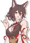  1girl :d animal_ears bare_shoulders breasts brown_dress brown_hair cleavage cleavage_cutout clothing_cutout commentary_request detached_sleeves dress flat_color fox_ears hand_up highres honkai:_star_rail honkai_(series) looking_at_viewer medium_breasts mon-chan open_mouth short_hair simple_background smile solo tingyun_(honkai:_star_rail) upper_body white_background yellow_eyes 