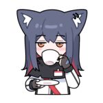  1girl animal_ears arknights black_gloves black_hair blush_stickers brown_eyes chibi cup drinking ear_piercing fingerless_gloves gloves holding holding_cup holding_saucer huang_qing_ye id_card jacket jitome lowres piercing red_hair saucer simple_background solo texas_(arknights) white_background white_jacket wolf_ears wolf_girl 