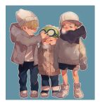  3boys aged_down baseball_cap beanie black_pants black_shorts blonde_hair blush border breath brown_coat closed_eyes coat full_body green_eyes green_hair grey_sweater hair_over_one_eye hat highres koby_(one_piece) male_focus mirin_(coene65) multiple_boys one_piece open_mouth pants pink_hair roronoa_zoro round_eyewear sanji_(one_piece) scar scar_across_eye short_hair shorts sweater white_border white_footwear white_headwear 