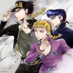  3boys adjusting_clothes adjusting_headwear black_hair blonde_hair blue_eyes blue_hair braid chain cleavage_cutout clothing_cutout diamond_wa_kudakenai earrings gakuran giorno_giovanna hat higashikata_josuke highres jewelry jojo_no_kimyou_na_bouken kujo_jotaro ladybug_ornament long_coat male_focus mikan03260 multiple_boys pompadour school_uniform smoke stardust_crusaders triangle_print vento_aureo 