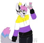  2019 anthro biped black_ears blue_tail bottomwear canid canine clothed clothing crown fleurfurr fox fur gesture grey_body grey_fur grey_tail hair headgear hoodie inner_ear_fluff kusafox lgbt_pride looking_aside male mammal monotone_ears monotone_hair multi_tone_fur multi_tone_tail nonbinary_pride_colors open_mouth pants pawpads pink_hair pink_pawpads pink_tail pride_colors simple_background solo tail topwear tuft v_sign watermark white_background white_inner_ear yellow_eyes 