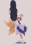  1girl absurdres animal_hat barefoot blonde_hair breasts dress fox_tail hat highres la_chancla long_sleeves mob_cap multiple_tails nyztsune short_hair solo tabard tail touhou yakumo_ran yellow_eyes 