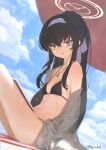  1girl beach bikini black_bikini black_hair blue_archive blue_sky breasts cloud day hairband halo highres long_hair looking_at_viewer o-ring o-ring_bikini official_alternate_costume outdoors purple_eyes sand sitting sky small_breasts solo swimsuit ui_(blue_archive) ui_(swimsuit)_(blue_archive) yellow_halo zeradok 