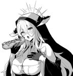  1girl :o azur_lane azur_lane:_slow_ahead bare_shoulders black_gloves breasts cleavage fake_horns food gloves greyscale habit holding holding_food hori_(hori_no_su) horns hot_dog implacable_(azur_lane) large_breasts long_bangs long_hair monochrome nun official_art open_mouth sexually_suggestive simple_background solo tongue tongue_out veil white_background wide_sleeves 
