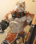 2023 abs anthro areola arknights arun_six canid canine canis clothed clothing domestic_dog fur gloves hair handwear hi_res holding_object holding_shield horn hung_(arknights) hypergryph long_hair looking_away male mammal muscular muscular_anthro muscular_male orange_hair riot_shield shield solo studio_montagne tail tan_body tan_fur topless topless_anthro topless_male white_body white_fur white_hair yellow_eyes 