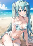  1girl absurdres aqua_eyes aqua_hair arm_support beach bikini blue_bikini blue_nails blue_sky breasts cleavage closed_mouth cloud collarbone commentary day frilled_bikini frills guri_(gri1211) hair_between_eyes hair_ornament hand_on_own_chest hatsune_miku highres long_hair looking_at_viewer medium_breasts navel ocean outdoors scrunchie shoulder_tattoo sidelocks signature sitting sky solo stomach swimsuit tattoo thighhighs twintails very_long_hair vocaloid white_thighhighs wrist_scrunchie 
