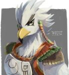  anthro aosn02 armor avian bird braided_hair breath_of_the_wild bust_portrait clothed clothing feathers hair hi_res male nintendo portrait rito teba_(tloz) text the_legend_of_zelda white_body white_feathers 